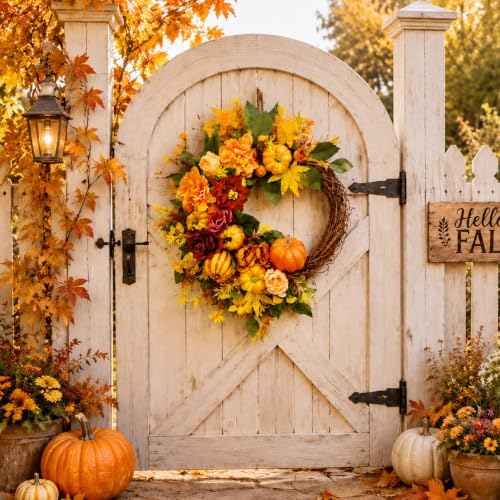 Suncalla Fall Wreath for Front Door 20" Autumn Pumpkin Maple Leaves