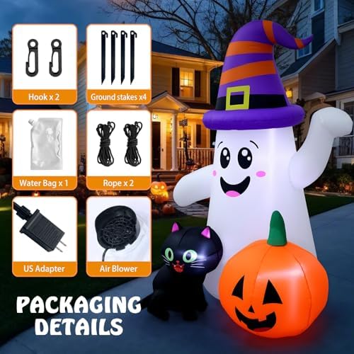 5FT Cute Halloween Inflatables Ghost, Blow Up Wizard Ghost with Pumpkin Black Cat for Garden Lawn Indoor Party Decor, Halloween Decorations Outdoor Inflatables