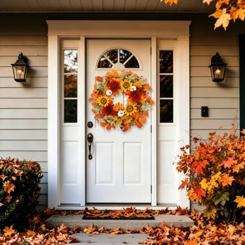 26Inch Harvest Fall Wreaths for Front Door with Sunflower and Pumpkins