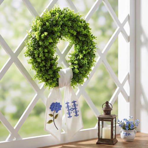Boxwood Wreath for Front Door Spring Summer Wreaths Farmhouse Hanger,Last Name Initial Year Round Porch Decor,20 inch Multi Occasion use Wreath with Personalized Monogram sash Embroidered - (H)