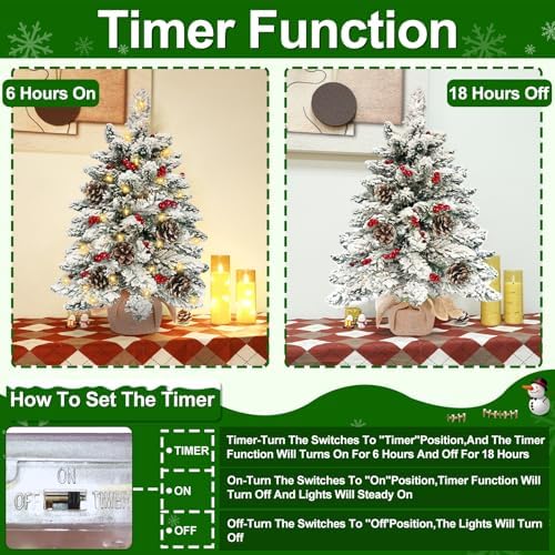 2 Pack 24"/2FT Thick Snow Flocked Tabletop Christmas Tree Battery Operated