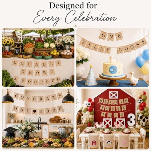 Pre-Printed Banner Kit – 97 BURLAP Flags with BLACK Letters, Numbers & Sy...