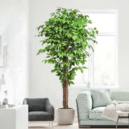6.2ft Ficus Artificial Trees with 3 Natural Curved Trunks, 74" Tall Lush Faux Tree for Home Decor Indoor, Green Lifelike Fake Ficus Tree Artificial Plants