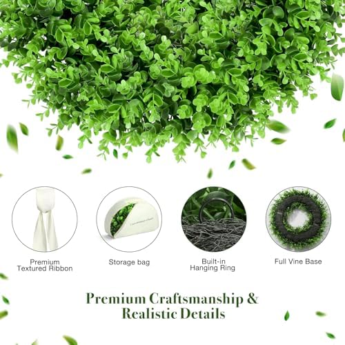 24" Boxwood Wreaths for Front Door – Large Boxwood Wreath with Sash