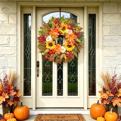 Fall Wreaths for Front Door, 24 Inch Autumn Wreath Luxury Harvest and Thanksgiving Indoor & Outdoor, Fall Door Wreath with Dahlias, Sunflowers,Peony&Pumpkins, Fall Wreath for Outdoor Wreaths