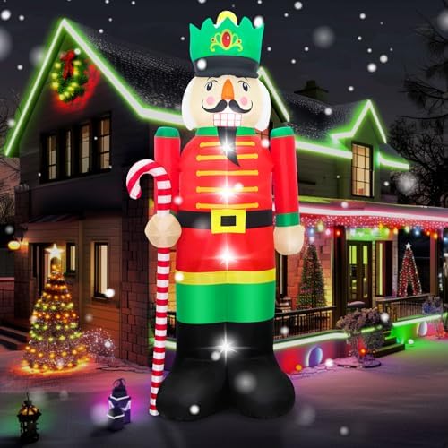 Evoio 12 Ft Giant Christmas Nutcracker Inflatables Decorations Blow Up Nutcracker Holding a Candy Cane, Large Light up Inflatable Nutcracker for Outdoor Yard Outside Christmas Decorations
