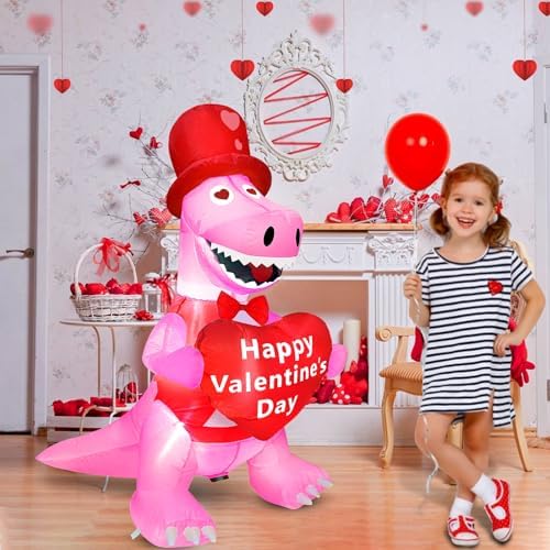 TURNMEON 4 Foot Valentine's Day Inflatable Dinosaur Outdoor Decoration Blow Up Dinosaur Holds Heart LED Lighted Valentines Day Decoration for Yard Garden Lawn Wedding Holiday Party Indoor Outdoor Home