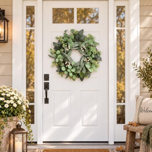 24 Inch Eucalyptus Wreath for Front Door, Fall Decor with White Berries