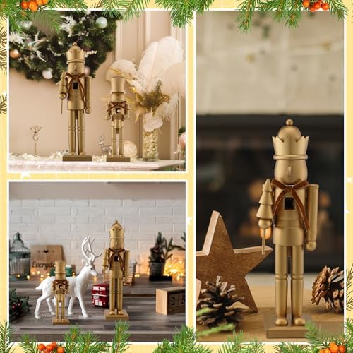 Weysat 2 Pcs Neutral Christmas Nutcracker Figure 10" 15" Gold Wooden