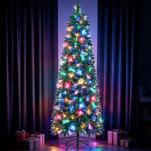 Juegoal 7.5FT Pre-Lit Pencil Christmas Tree with Fiber Optic, 300LED Lights