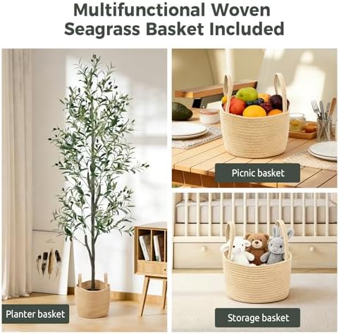 Olive Trees Artificial Indoor 6FT, Faux Olive Tree with Woven Basket & Natural-Looking Wood Trunk, Realistic Leaves & Fruits, Maintenance-Free Tall Fake Olive Tree for Modern Home Office Decor