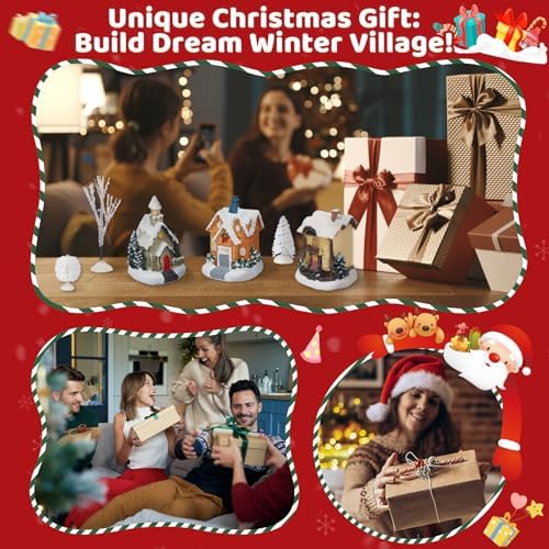 32 Pcs LED Christmas Village Set, 10 Resin Christmas Village Houses with Figurines Decoration Xmas Town Building Collection Trees Lamp Post Scenes for Tabletop Mantel Holiday Display Gift (Style A)