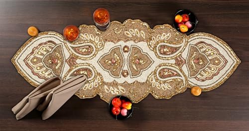 Lightnpro Beaded Christmas Table Runner, Fancy Handmade Decorative Embroidery Gold Runner for Christmas Xmas New Year Family Party Decoration - 13x36 Paisley Design
