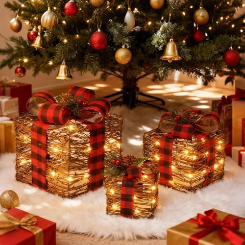 LAWOHO Set of 3 Christmas Lighted Gift Boxes,Rustic Rattan Light Up Present Boxes with Bows,Battery&USB Operated LED Xmas Gift Boxes for Christmas Decorations Holiday Ornaments Indoor Outdoor Decor