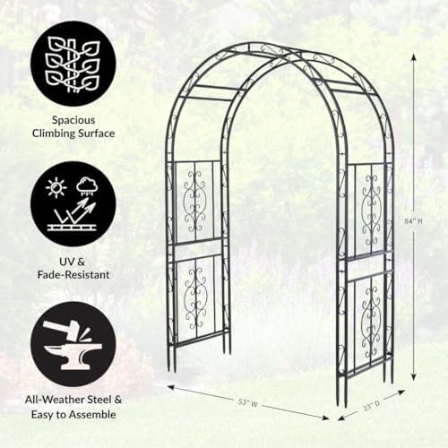 Plow & Hearth Arch Metal Outdoor Garden Arbor | Montebello | 7 Feet Tall | Steel Iron Trellis Lattice for Climbing Plants & Heavy Vines | Wedding Outdoor Patio Décor