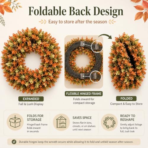 24 Inch Artificial Fall Boxwood Wreaths for Front Door, Foldable