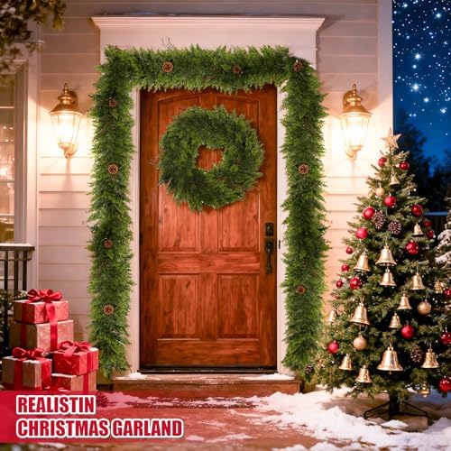 9 Ft Christmas Cedar Garland - Cypress Garlands,Artificial Real Touch Pine Garlands - Garland Xmas Decorations for Table, Mantle, Wall, Indoor, Outdoor Christmas Decorations