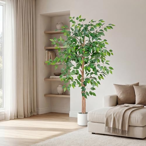 Artificial Ficus Tree 5FT Tall, Faux Ficus Tree Indoor Outdoor, Fake Silk Ficus Plant with Planter, Lifelike Leaves Large Potted Floor Tree for Home Office Living Room Porch Decor