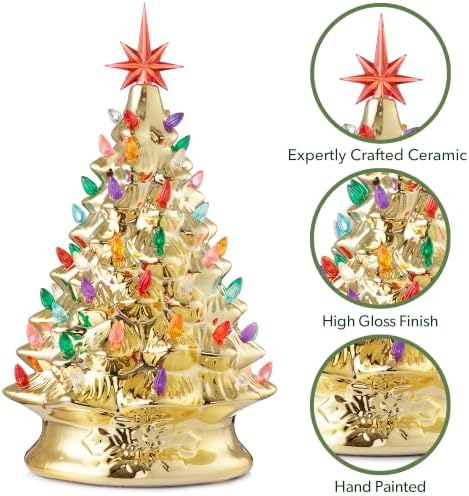 Casafield Hand Painted Ceramic Christmas Tree, Gold 15-Inch Pre-Lit Tree with 128 Multi Color Lights and 2 Star Toppers