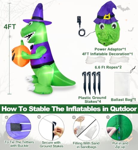 4 Ft Halloween Inflatables Witch Dinosaur Holding Pumpkin Built-in LEDs