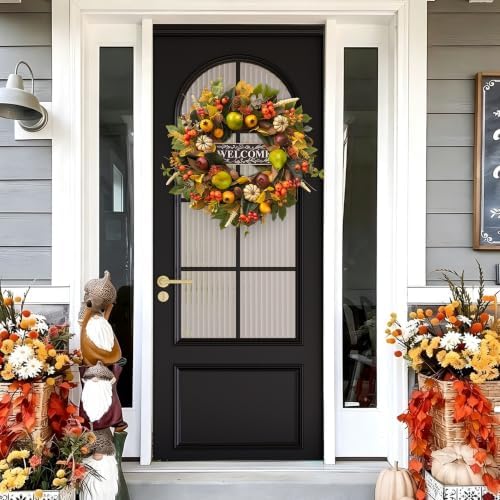 24 Inch Fall Wreaths for Front Door, Autumn Harvest Wreath with Pears