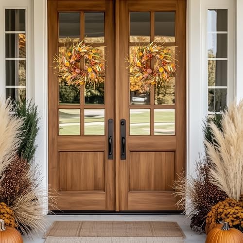 26 Inch Pumpkin Fall Wreath for Front Door Outside with Pinecones Berries