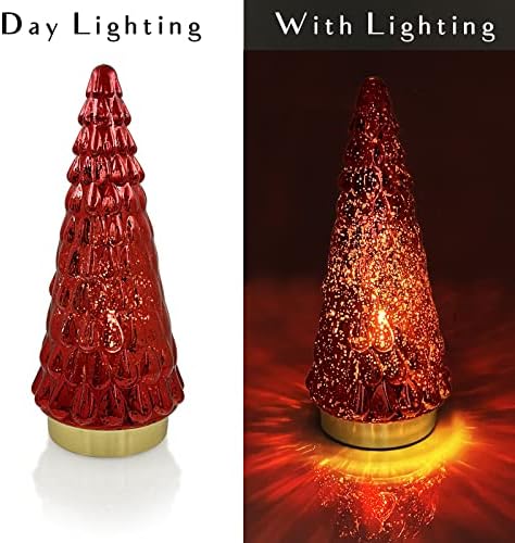 Red Glass Christmas Tree 3pcs, Small Tabletop Mercury Christmas Tree with Light, Battery Operated Xmas Tree for Fireplace Bathroom Decor 10"