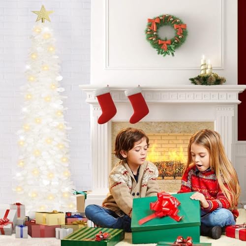 HMASYO 6 FT Pop Up Christmas Tree with 100 LED Timer Lights & Remote, White Christmas Tinsel Tree, Collapsible Artificial Pencil Tree for Home Office Party Decor, USB Powered, Easy Assembly