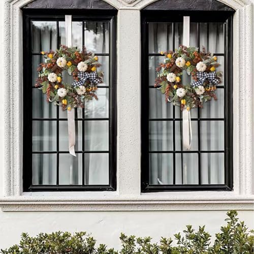 WANNA-CUL 24 Inch Farmhouse Fall Wreath for Front Door with White Pumpkins