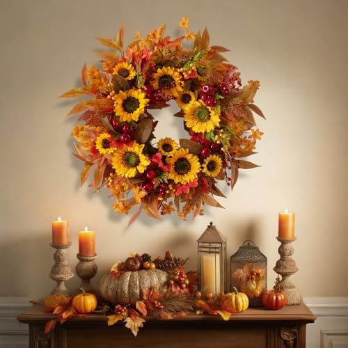 24 Inch Harvest Fall Wreaths for Front Door with Sunflower and Red Berries
