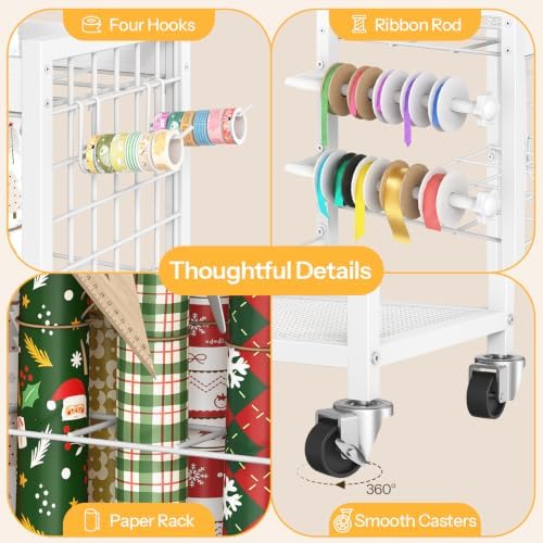 HOOBRO Wrapping Paper Storage Cart, Rolling Craft Storage Cart with Wheels