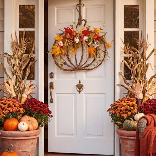 Fall Pumpkin Wreath for Front Door, Grapevine Maple Leaves