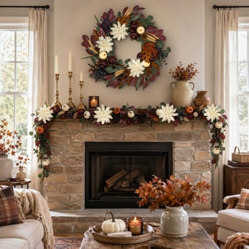 24 Inch Fall Wreath for Front Door, Autumn Wreath for Door Decoration