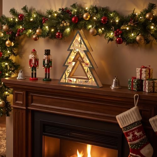 Wooden Christmas Tree Lighted Tabletop Decor, Xmas Winter Village Ornament