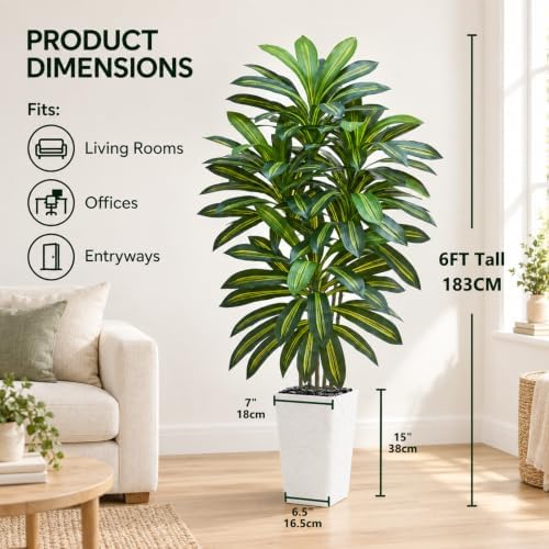 Artificial Dracaena Tree, 6FT Fake Tree White Planter