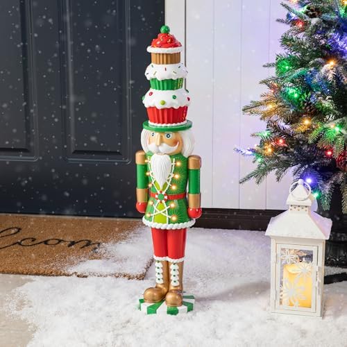 Glitzhome 28" H Lighted Christmas Nutcracker,Indoor/Outdoor Resin Porch Decor with 10 Warm Lights & Timer for Xmas Porch Lawn Yard Display