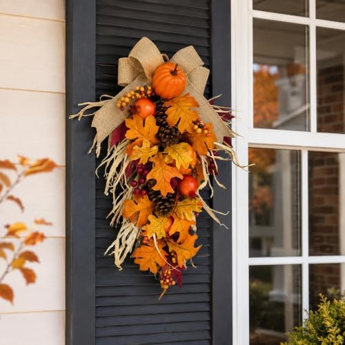 21 Inch Lighted Fall Teardrop Swag with Pumpkins and Pinecones