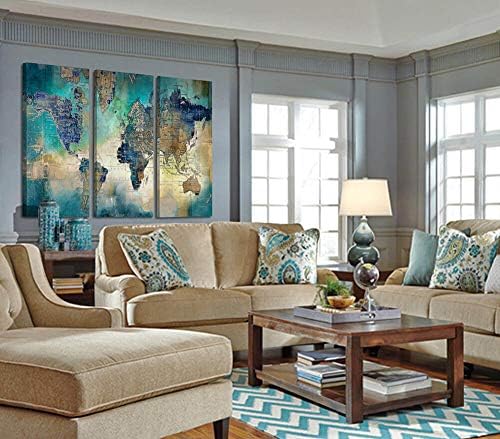 Pogusmavi Canvas Wall Art for Living Room - World Map Wall Decor - Large Wall Art for Bedroom - Office Artwork - Map Wall Art 16"x32" 3 Piece Canvas Wall Art