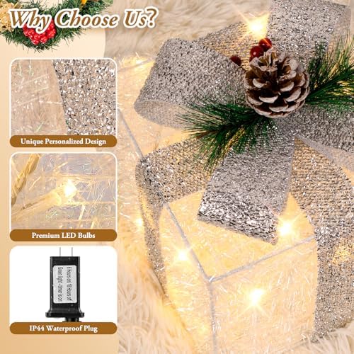 Towponics Set of 3 Christmas Lighted Gift Boxes with Plug, Indoor Outdoor Christmas Decorations with 60 LED Warm White Mini String Lights, Present Boxes with Silver Tinsel for Xmas Tree Porch Decor