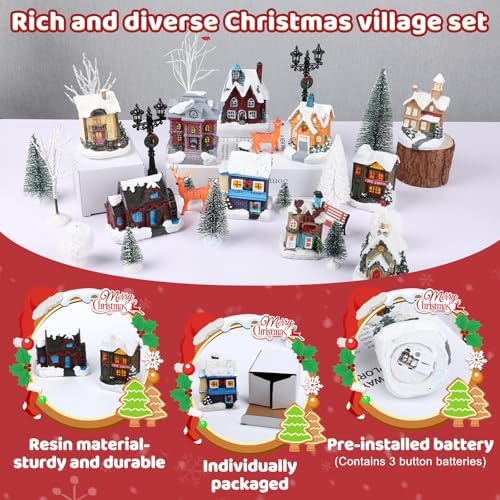 32 Pcs LED Christmas Village Set, 10 Resin Christmas Village Houses with Figurines Decoration Xmas Town Building Collection Trees Lamp Post Scenes for Tabletop Mantel Holiday Display Gift (Style A)
