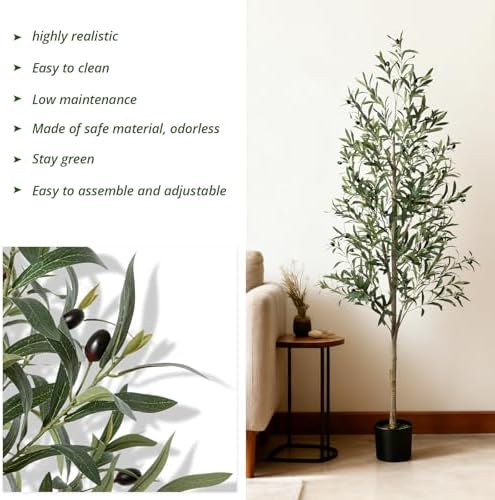 6ft Faux Olive Tree, Artificial Olive Tree Indoor, High Imitation Silk Plant Artificial Plants with Natural Wood Trunk and Lifelike Fruits for Home Office Decor