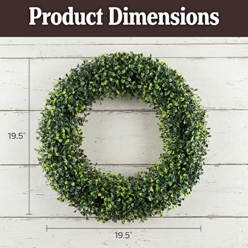 Pure Garden Round Boxwood Wreath for Front Door, Green, 19.5” x 2.5”
