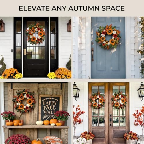 24 Inch Fall Front Door Wreath, White Pumpkins, Sunflower, Eucalyptus