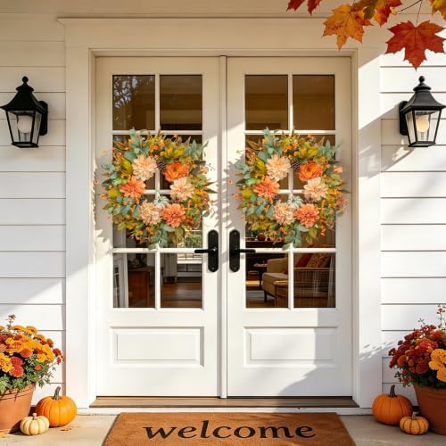 24 Inch Harvest Fall Wreaths for Front Door Outside with Dahlia & Pumpkins