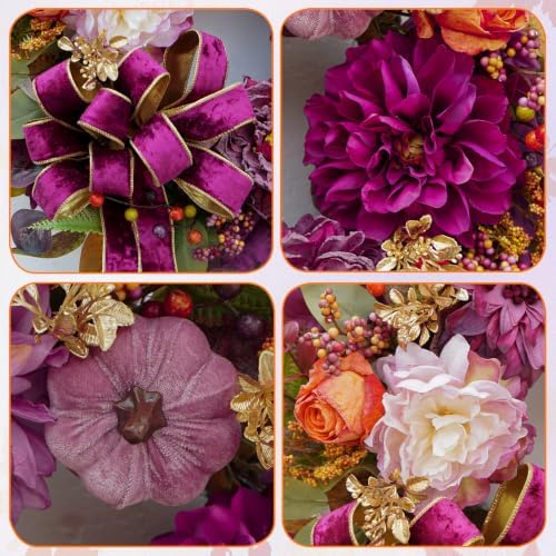 Fall Wreaths for Front Door 24" Vintage Autumn Wreath with Velvet Bow