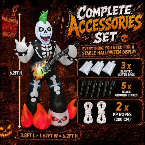 6.2FT Halloween Rock Music Skeleton Inflatable with LED Flame Guitar Decor