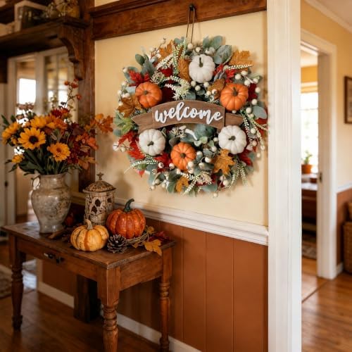 24 Inch Fall Pumpkin Maple Leaves for Front Door, Autumn White Orange Pumpkin Greenery Leaves Wreath for Indoor Outdoor, Welcome Sign Pumpkin Wreath