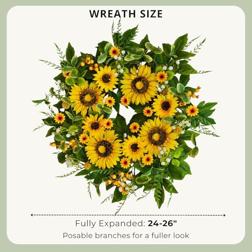 Sunflower Wreath for Front Door, 24 Inch Spring & Summer Wreath with Lifelike Sunflowers, Handmade Outdoor Wreath for Front Door, Spring Home Decor