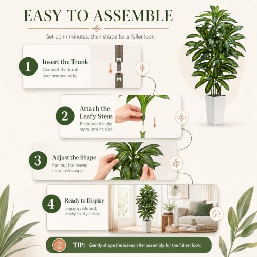 Artificial Dracaena Tree: 5FT Fake Plants Silk Faux Trees（White Pot）