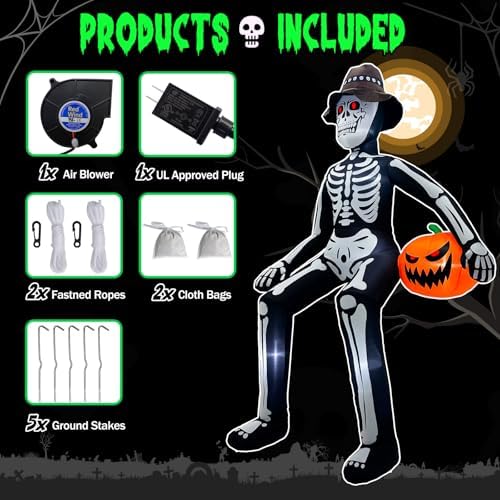10 ft Inflatable Skeleton Halloween Decor Outdoor, Blow Ups Giant Skeleton